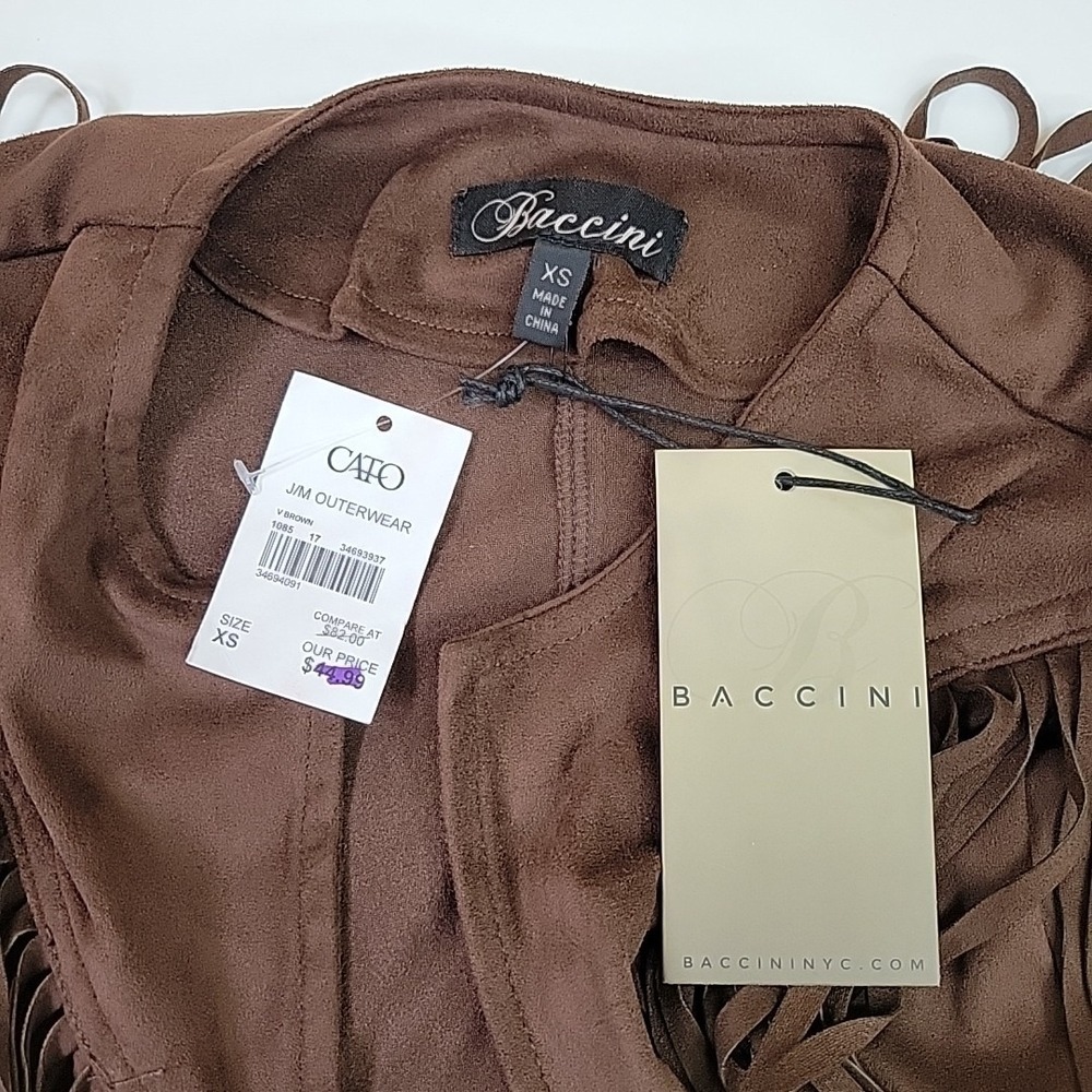 BACCINI XS Brown Open Front Suede-Like Fringed Western Light Top Casual Fun - Picture 2 of 6